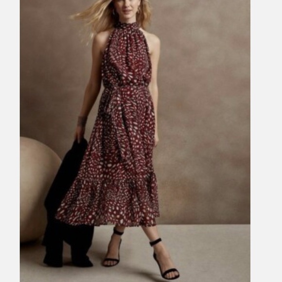 banana republic Red Print Back Bow maxi dress size L - Picture 1 of 3